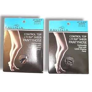 Lot‎ of 2 Ravinia Control Top Lycra Sheer Pantyhose Jet Black Queen NOS
